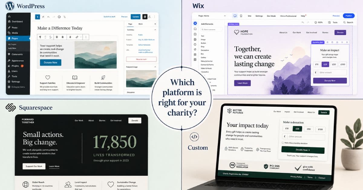 WordPress, Wix, Squarespace and custom charity website comparison — best website builder for charities