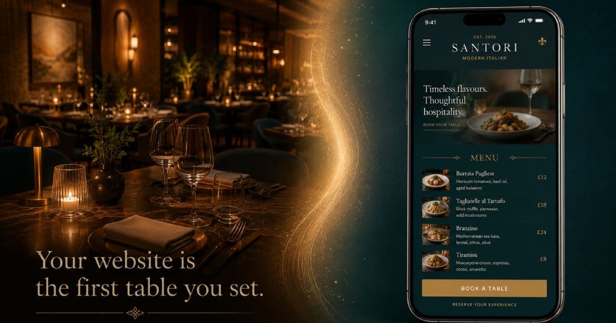 Restaurant interior and mobile website side by side — what every restaurant website should include